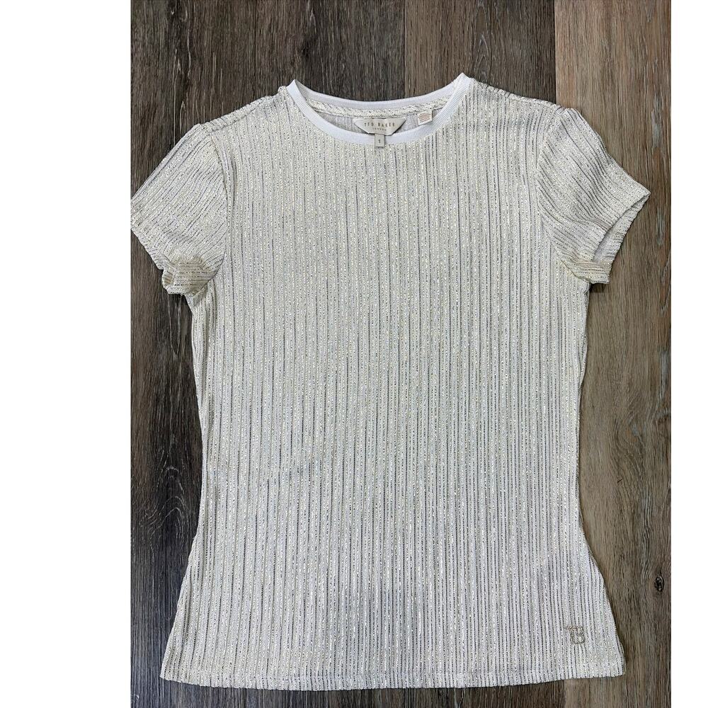 Ted Baker Ribbed Metallic Knit Top Womens Size 1 Gold Short Sleeve Stretch Tee